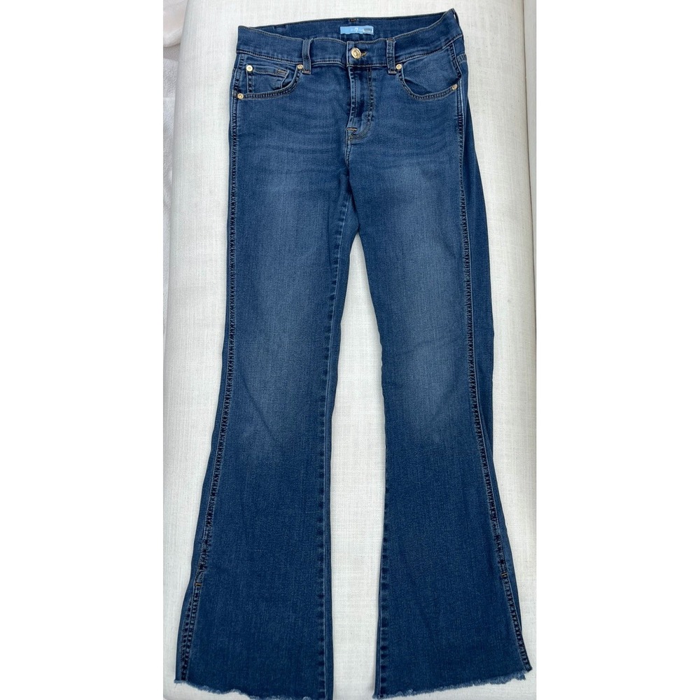 7 For All Mankind Bootcut Jeans Womens 29 Side Slit Raw Hem Medium Wash Full Len